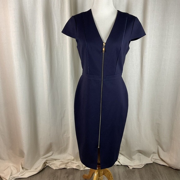 Ted Baker Size 3 US Size 8 Dress Cyanthe Sheath Full Zip Navy gold Career Office - Picture 1 of 10
